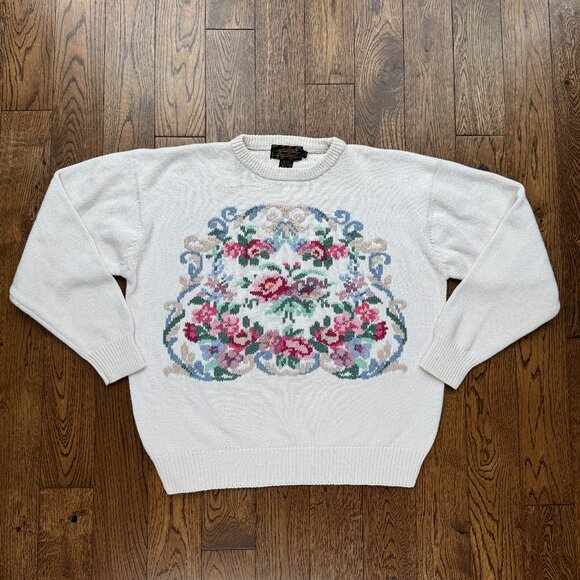 Vintage Eddie Bauer Women's Floral Grandmacore Chunky Heavy Cotton Sweater Large - Picture 1 of 11
